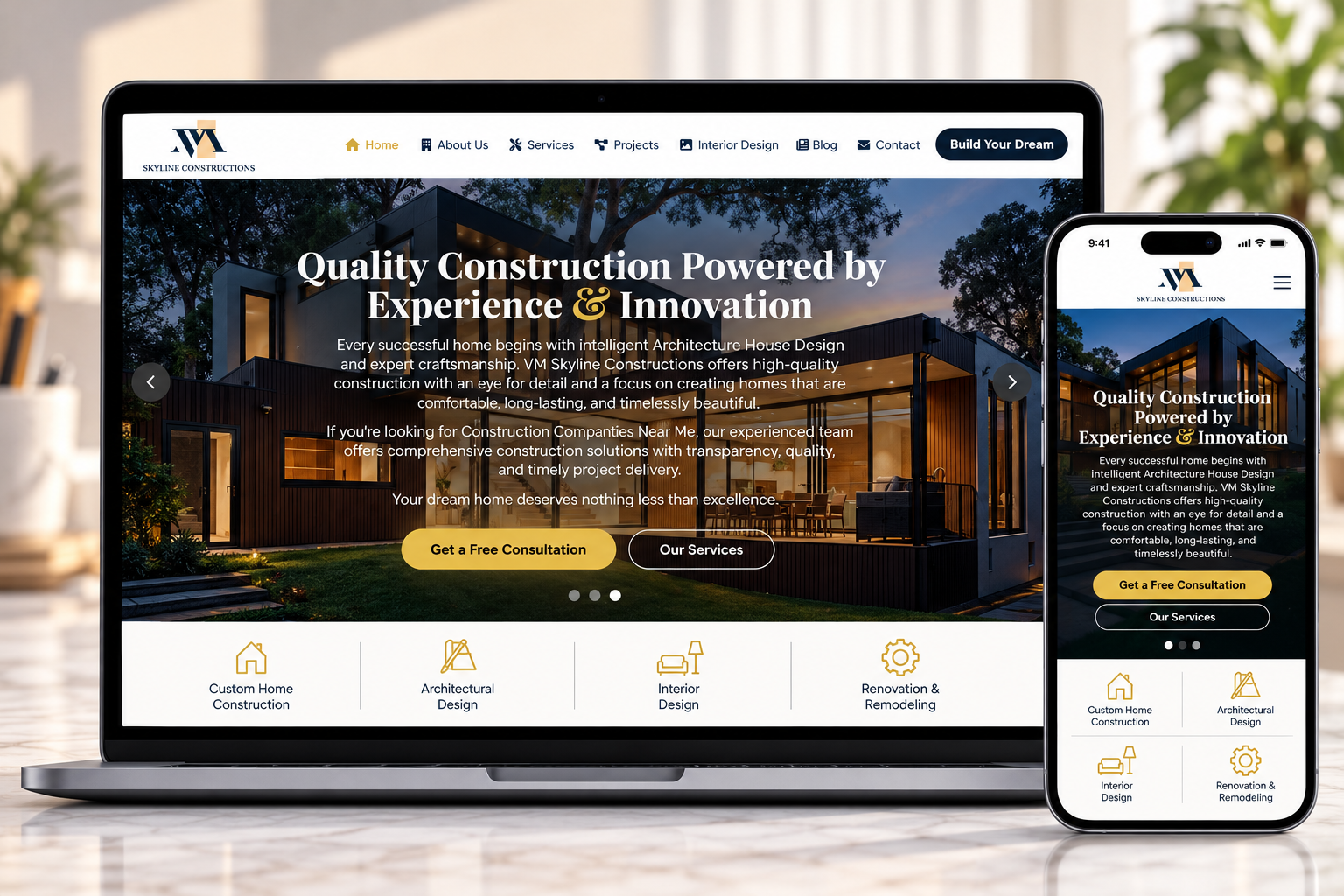 VM Skyline Construction Responsive Website Mockup