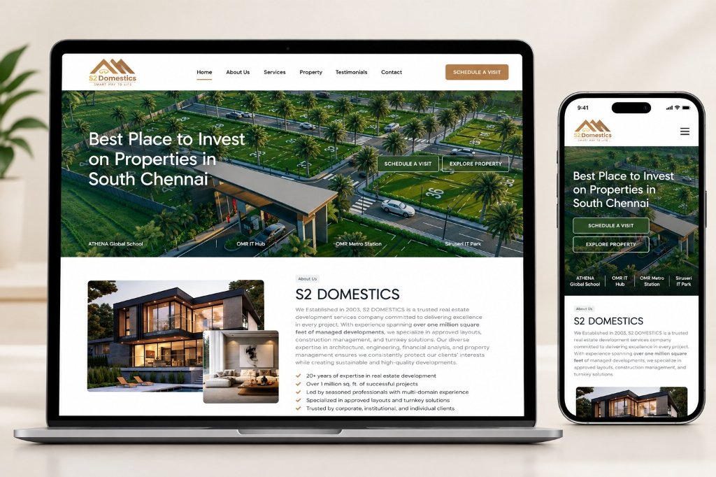 S2 Domestics Real Estate Web Platform Mockup - Desktop & Mobile Viewports