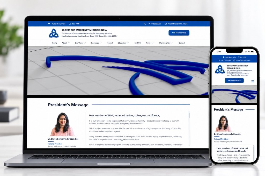 Society for Emergency Medicine India (SEMI) Portal Mockup - Desktop & Mobile Viewports