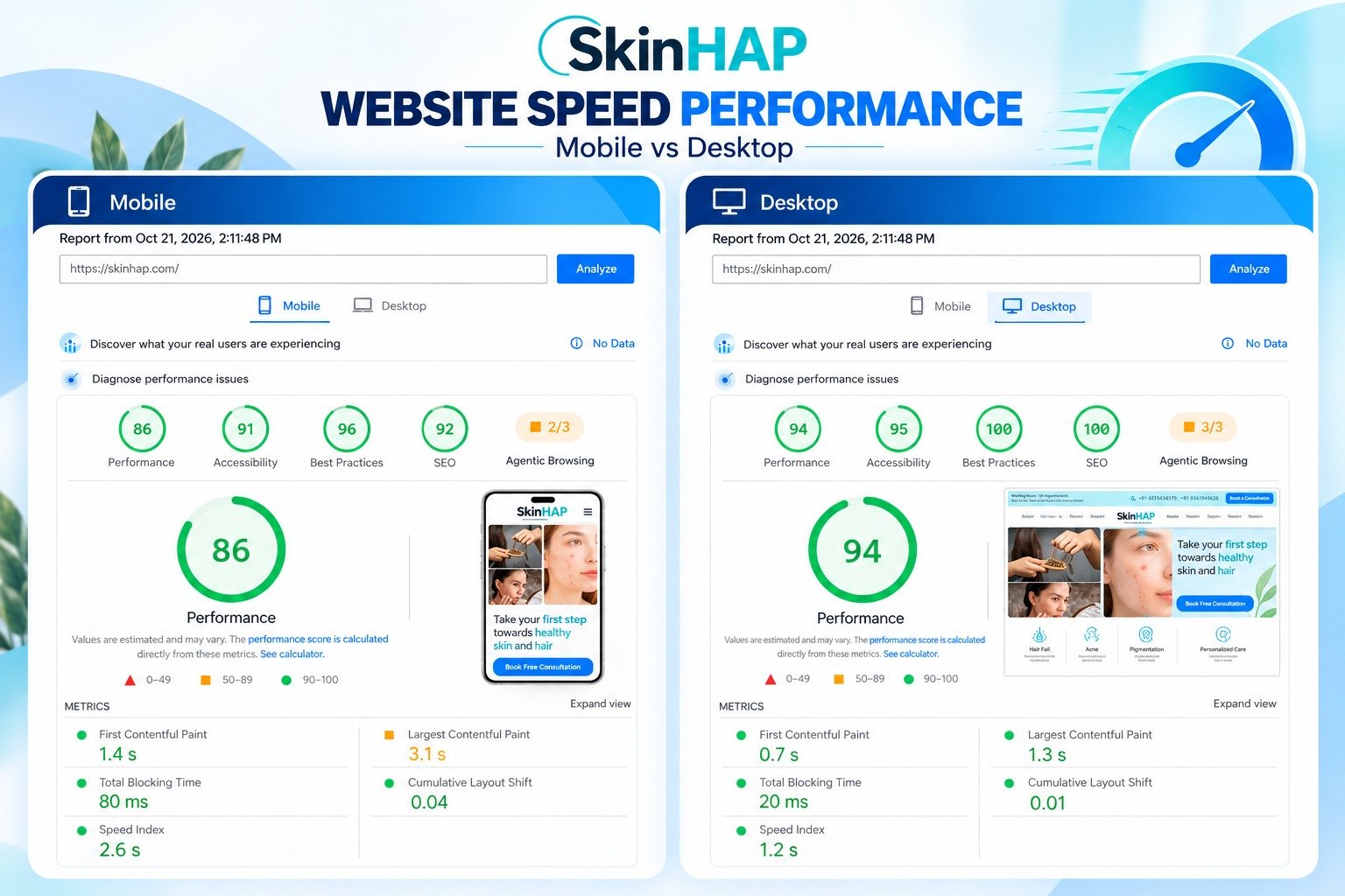 SkinHAP Website Speed Performance and Core Web Vitals Proof